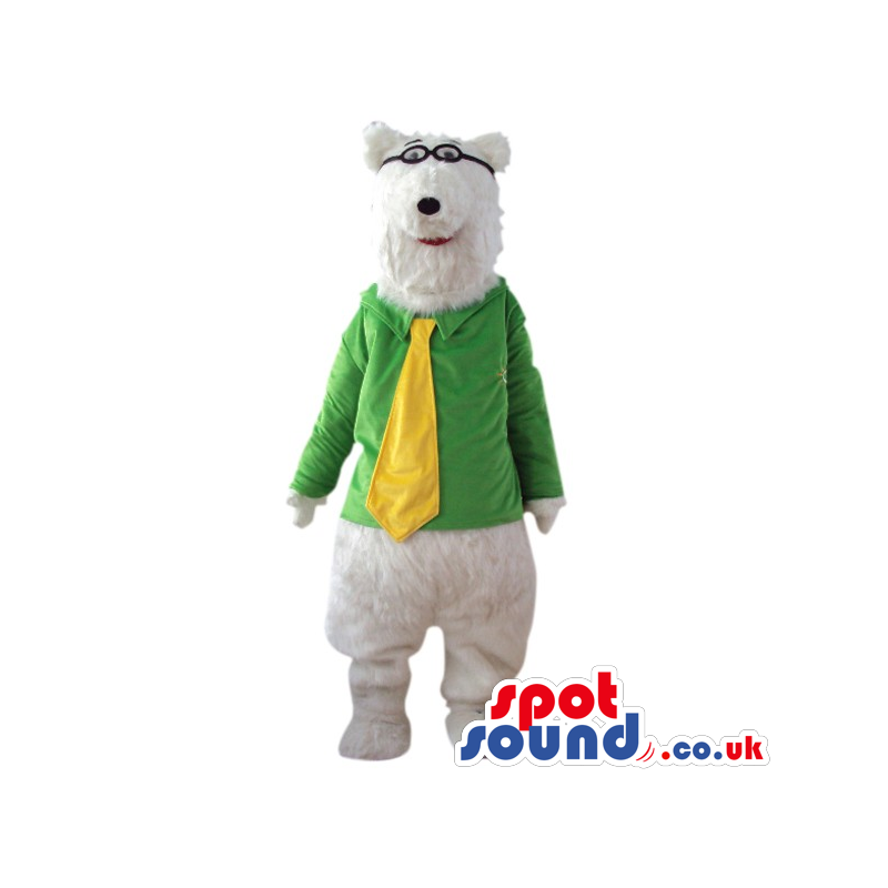 White Bear Plush Mascot Wearing Glasses And Yellow Tie - Custom