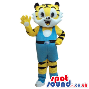 Yellow And White Tiger Animal Mascot Wearing Blue Sports