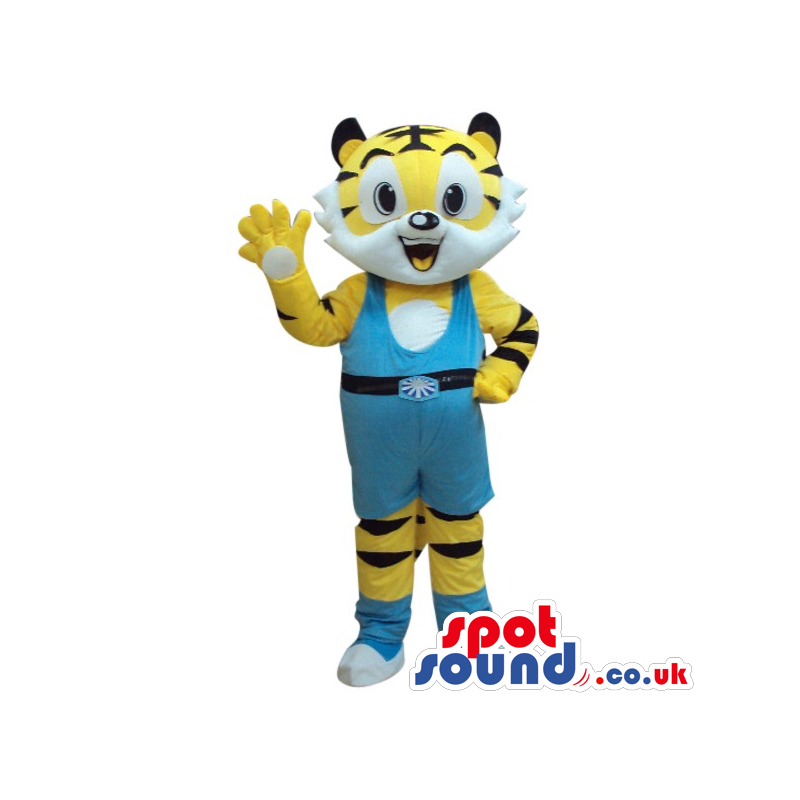 Yellow And White Tiger Animal Mascot Wearing Blue Sports