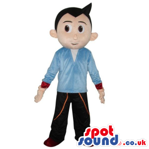 Black-Haired Boy Mascot Wearing A Blue Shirt And Brown Pants -