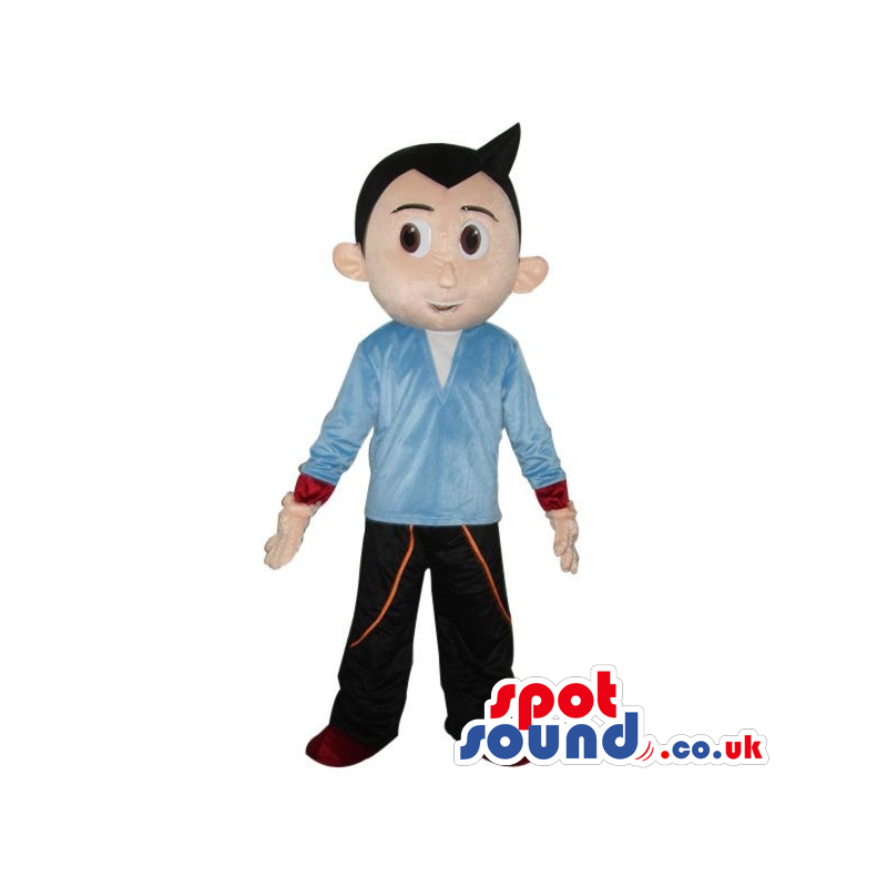 Black-Haired Boy Mascot Wearing A Blue Shirt And Brown Pants -