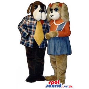 Brown And Black Dog Mascots In Girl And Boy Clothes - Custom