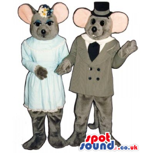 Grey Mice Couple Boy And Girl Mascots Wearing Elegant Clothing