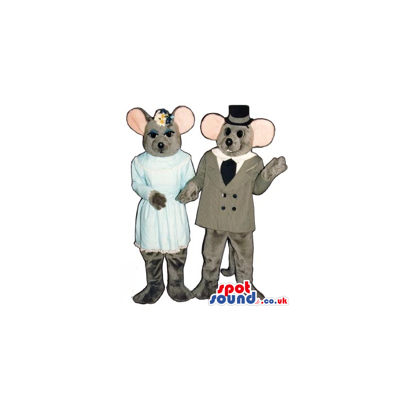 Grey Mice Couple Boy And Girl Mascots Wearing Elegant Clothing