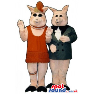 Pig Couple Mascots Wearing Gangster And Charleston Garments -