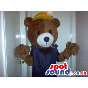 Brown Bear Animal Plush Mascot Wearing A Yellow Helmet - Custom