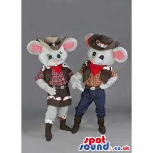 Two Grey Mice Animal Mascots Wearing Cowboy Garments - Custom