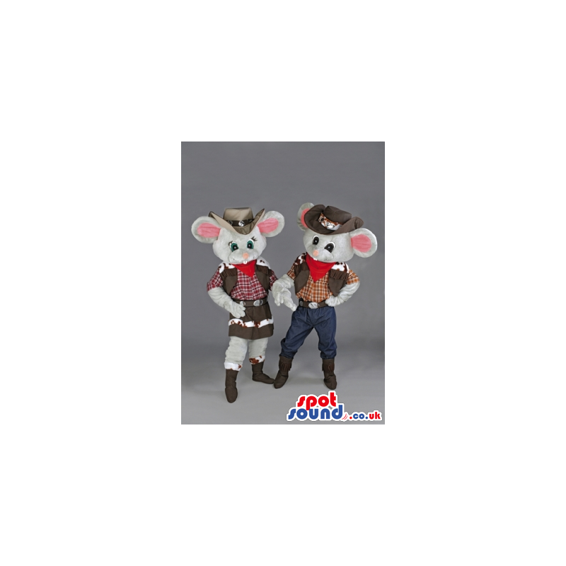 Two Grey Mice Animal Mascots Wearing Cowboy Garments - Custom