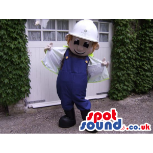 Cute Boy Character Mascot Wearing Overalls And A White Helmet -