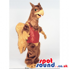 Brown Hairy Eagle Mascot Wearing A Red Sports Vest - Custom