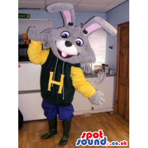 Funny Grey Bunny Mascot Wearing A Letter H Sweater - Custom