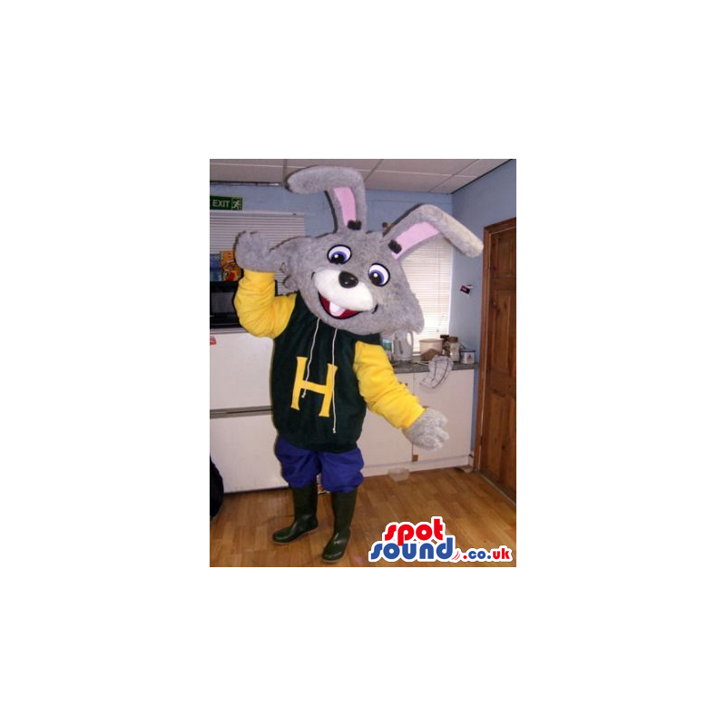 Funny Grey Bunny Mascot Wearing A Letter H Sweater - Custom