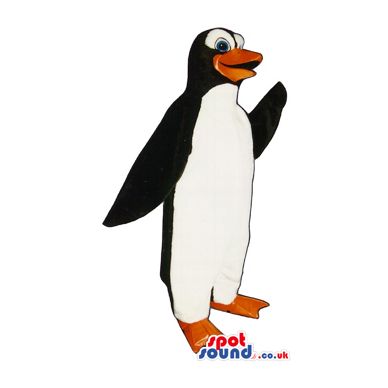 Adorable Black Penguin Mascot With Blue Eyes And White Eyebrows