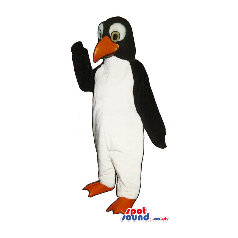 Black Penguin Mascot With Yellow Eyes And White Eyebrows -