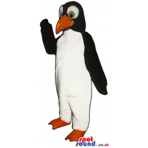 Black Penguin Mascot With Yellow Eyes And White Eyebrows -