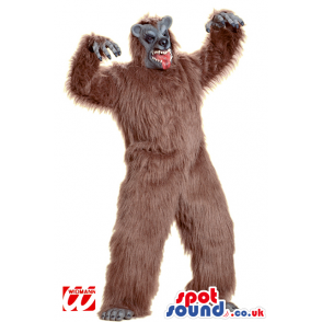 Big Hairy Brown Monster Mascot With Scary Grey Face - Custom