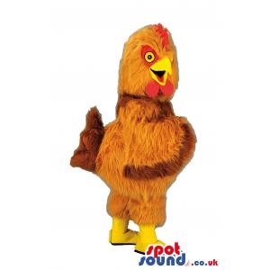 Cock mascot in a furry outfit with red comb and with yellow beak