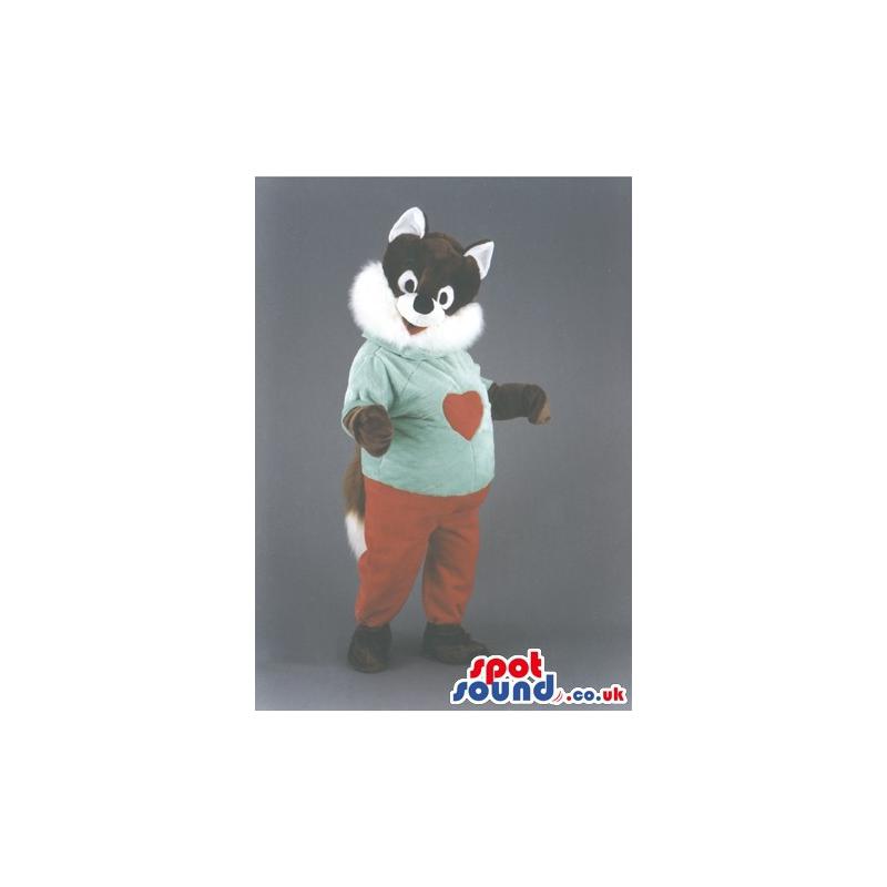 Cat mascot in a light blue and red cloths with a tail - Custom