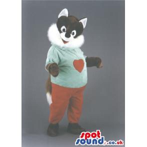 Cat mascot in a light blue and red cloths with a tail - Custom