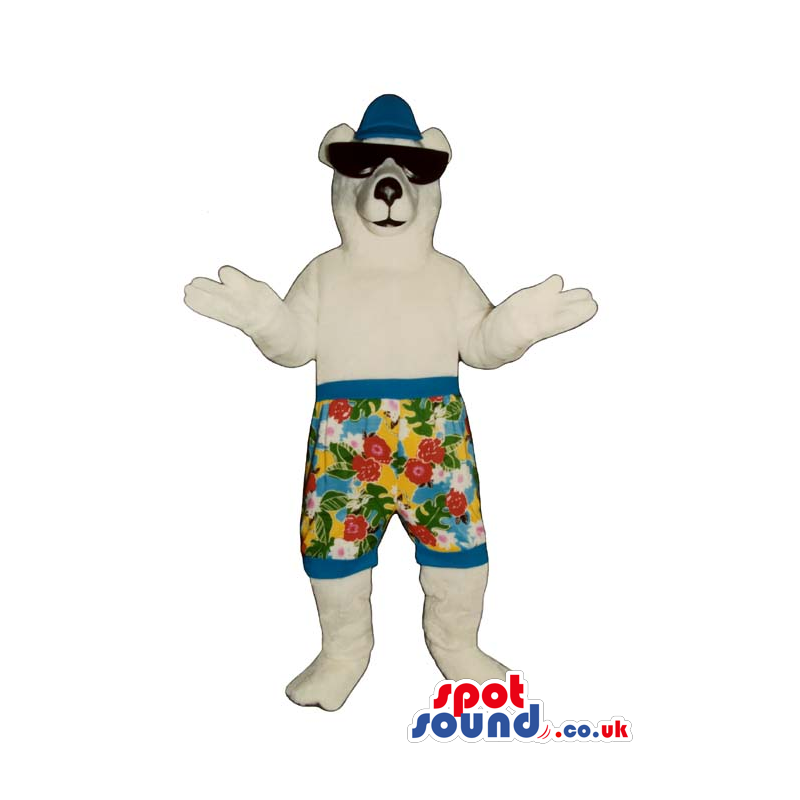 White Bear Mascot Wearing Sunglasses And Flower Shorts - Custom