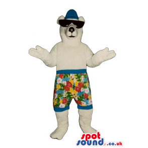 White Bear Mascot Wearing Sunglasses And Flower Shorts - Custom