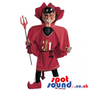 Red Devil Character Dressed In Red Garments And Has A Pitch