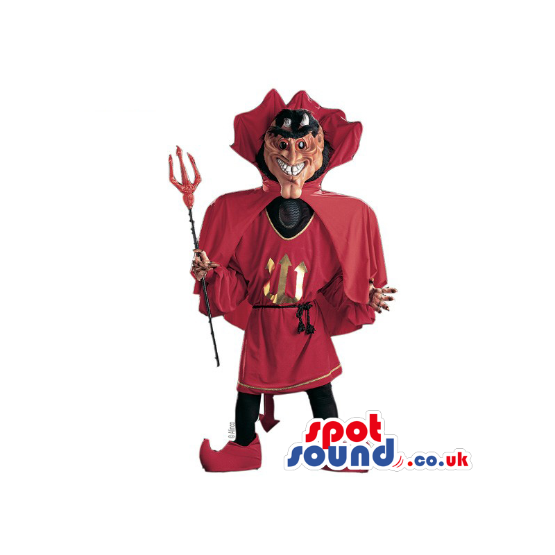 Red Devil Character Dressed In Red Garments And Has A Pitch