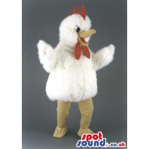 White chicken mascot in cute smile and with spreader wings -