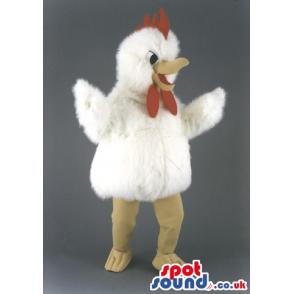 White chicken mascot in cute smile and with spreader wings -