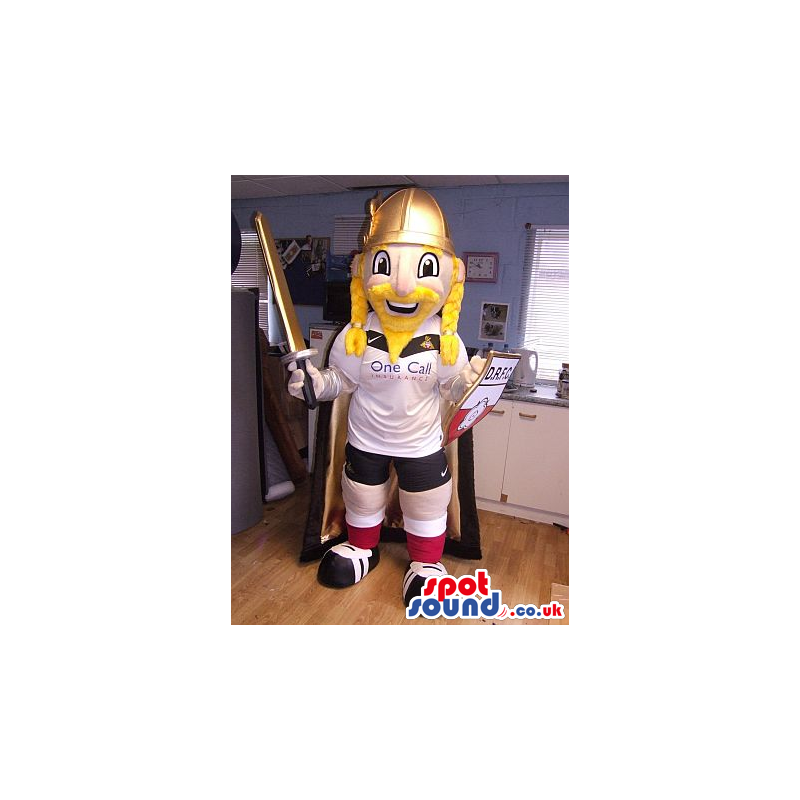 Blond Viking Mascot Wearing Soccer Garments And A Sword -