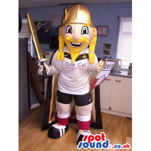 Blond Viking Mascot Wearing Soccer Garments And A Sword -