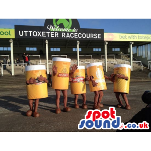 Group Of Five Beer Jar Mascots With Brand Names And Logos -