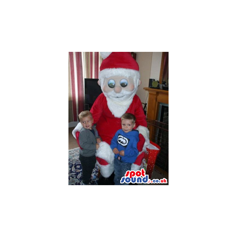 Big Santa Claus Human Mascot With Round Blue Eyes And White