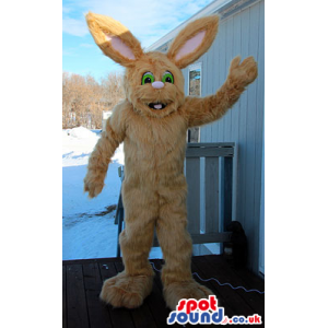 Big Funny Hairy Rabbit Mascot With Green Eyes And Pink Ears -