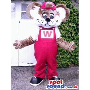 Brown Mouse Mascot Dressed In Red Overalls With A Letter W -