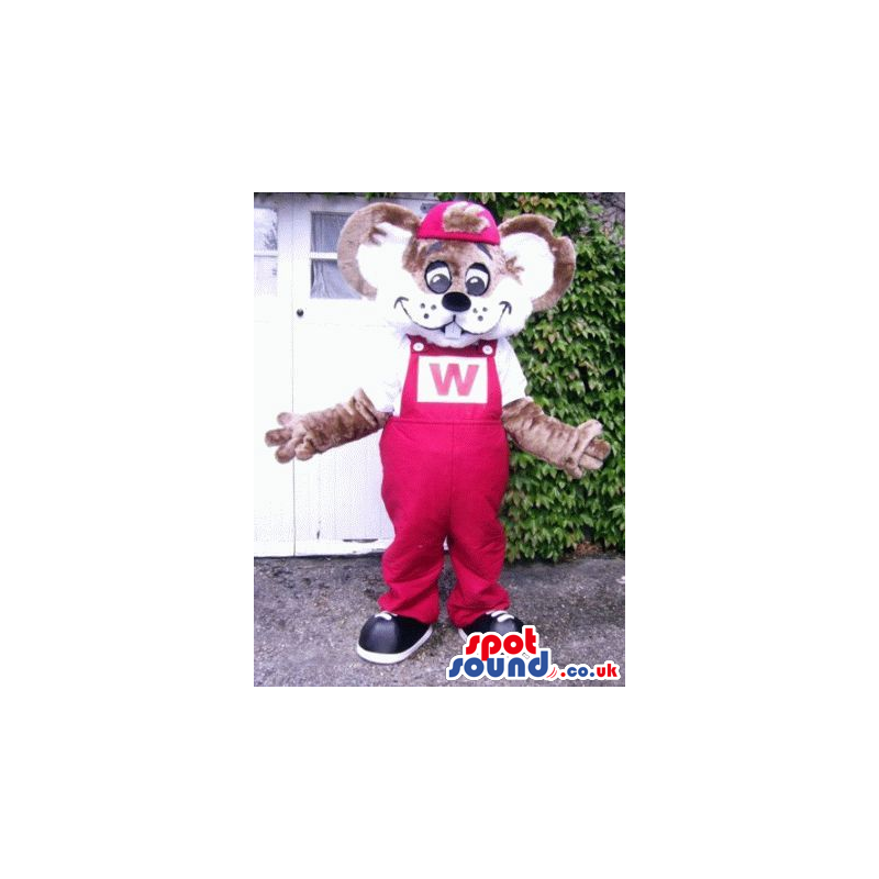 Brown Mouse Mascot Dressed In Red Overalls With A Letter W -