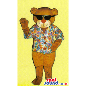 Brown Plush Bear Mascot Wearing Sunglasses And A Holiday Shirt