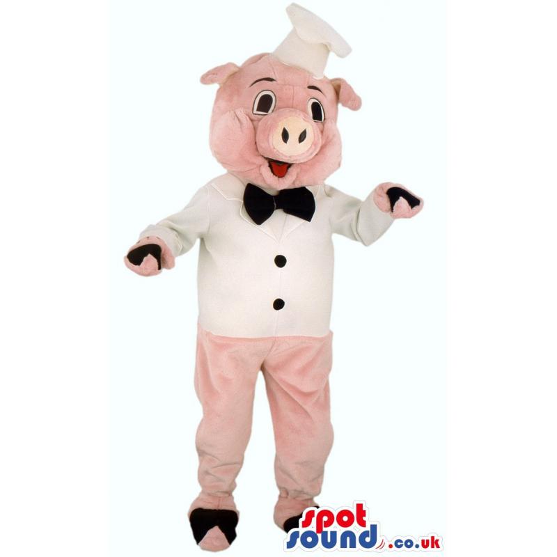 Pink piggy mascot with his white chef costume and cap - Custom