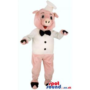 Pink piggy mascot with his white chef costume and cap - Custom