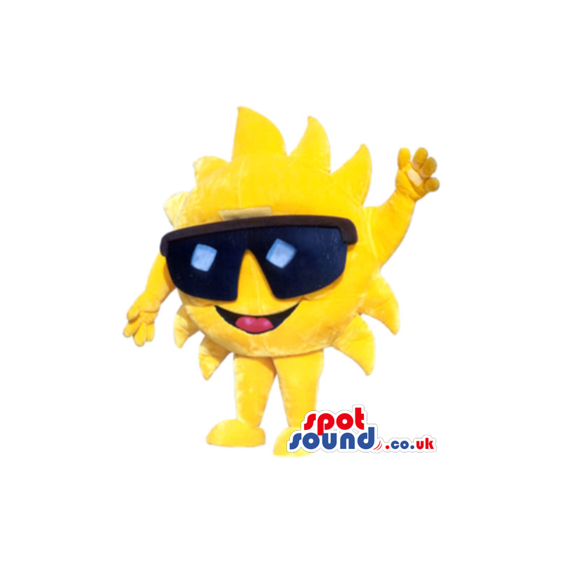 Bright Yellow Sun Plush Mascot Wearing Huge Sunglasses - Custom