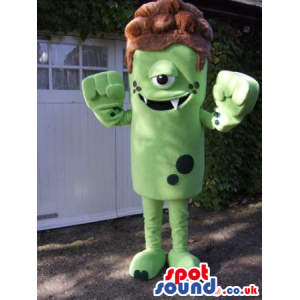 Amazing One-Eyed Green Monster Mascot With Brown Hair - Custom