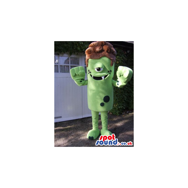Amazing One-Eyed Green Monster Mascot With Brown Hair - Custom