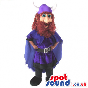 Human Character Mascot With A Red Beard And A Purple Hat And