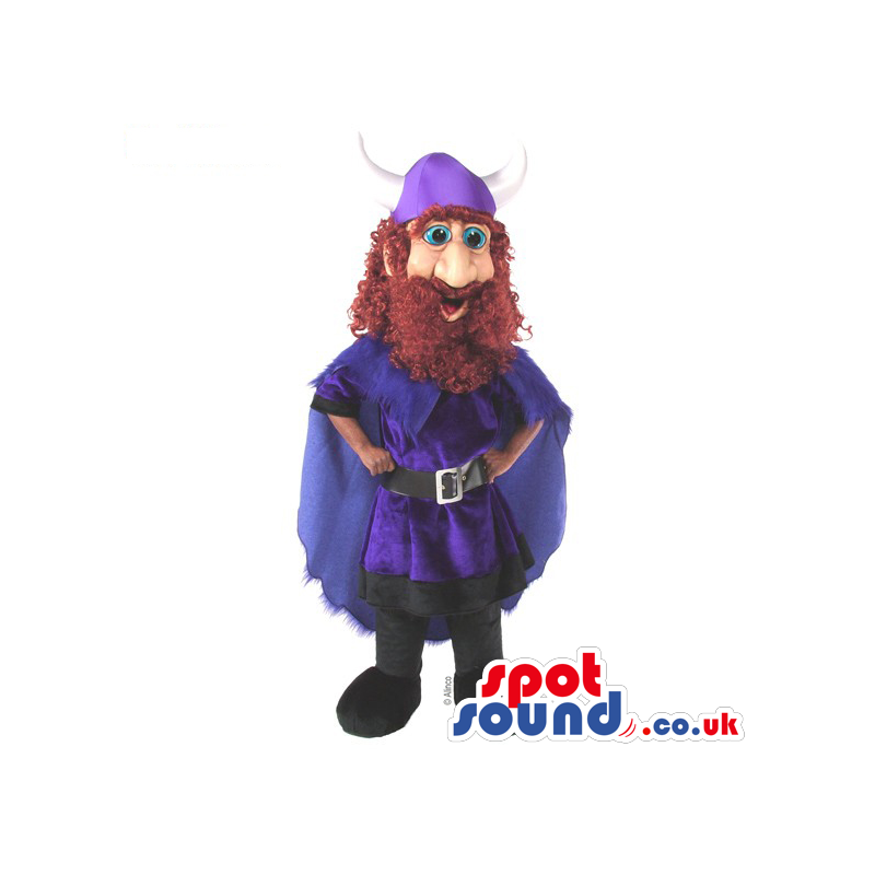 Human Character Mascot With A Red Beard And A Purple Hat And