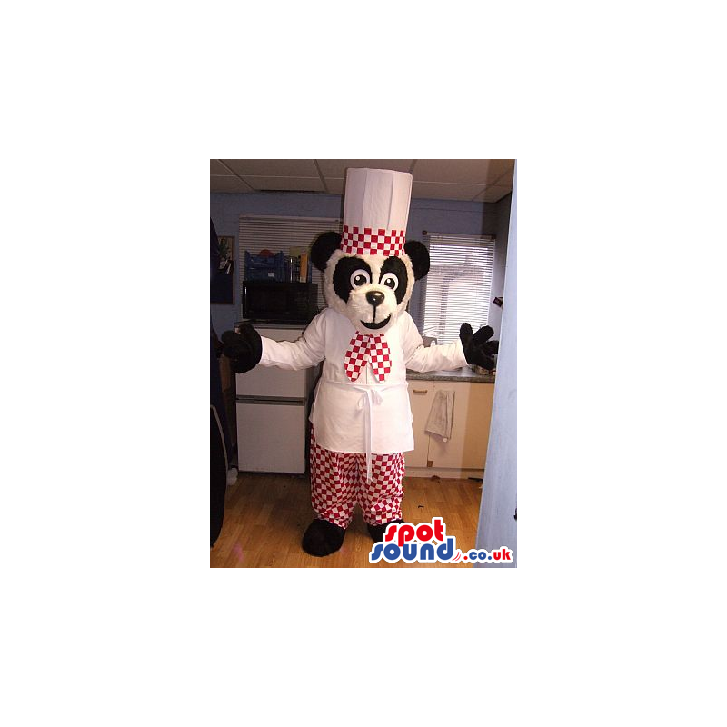 Original Panda Mascot Wearing Red And White Chef Garments -