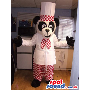 Original Panda Mascot Wearing Red And White Chef Garments -