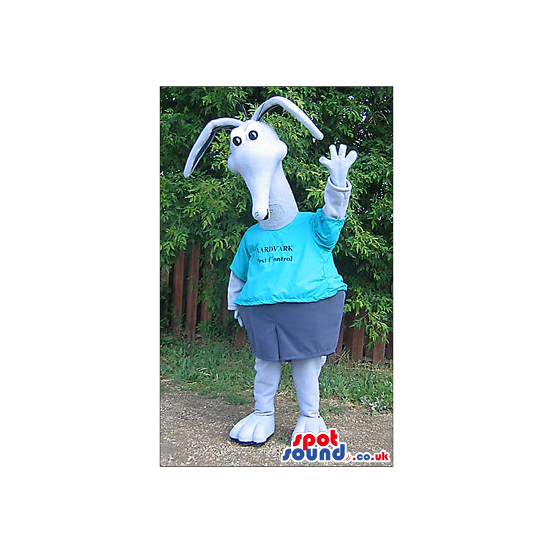 Blue Mascot With Thin Long Ears Wearing Blue Garments With Text