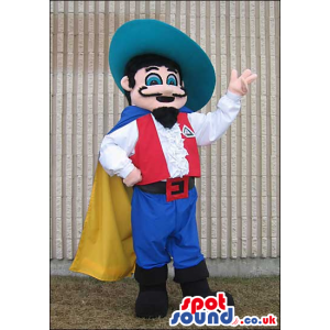 Character Mascot With A Mustache And Red And Blue Garments -