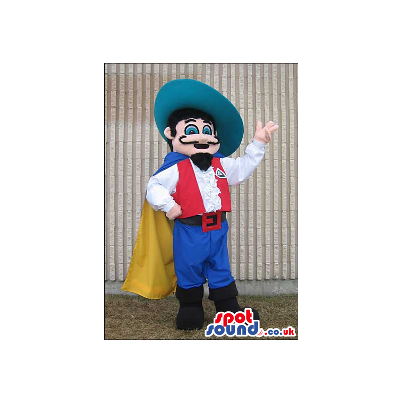 Character Mascot With A Mustache And Red And Blue Garments -