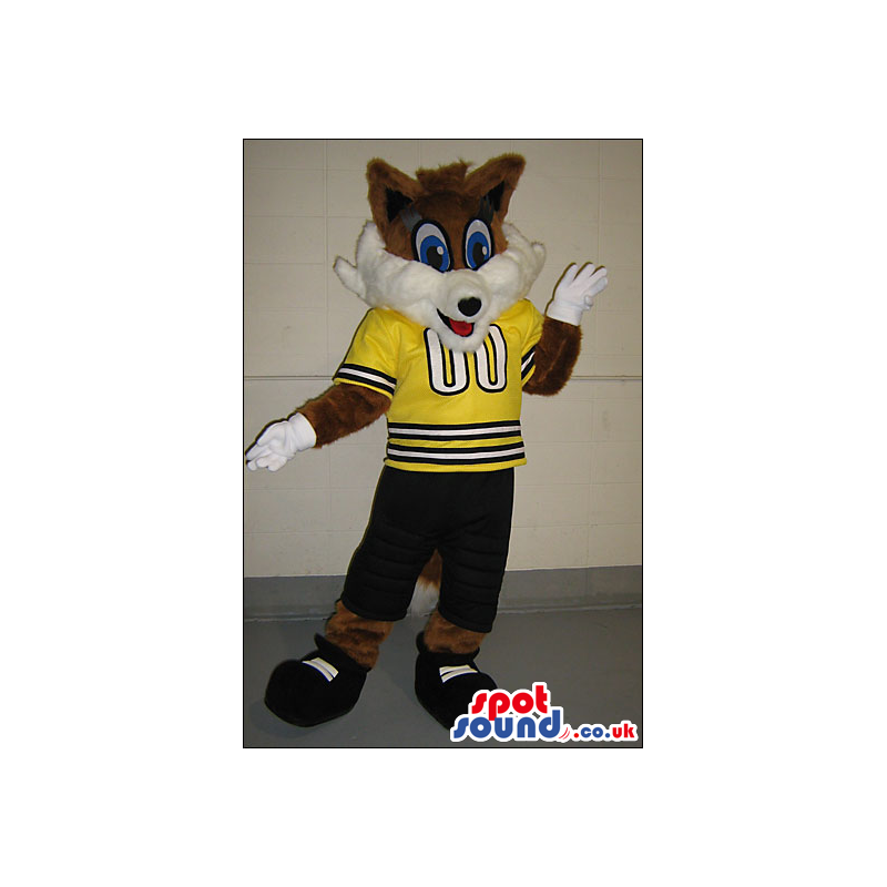 Brown And White Fox Animal Plush Mascot With Yellow Sports